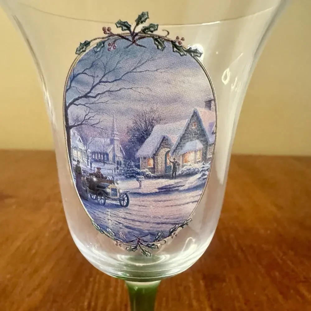 Bradford Exchange Thomas Kinkade Holiday Gathering Wine Glasses COA Set 2